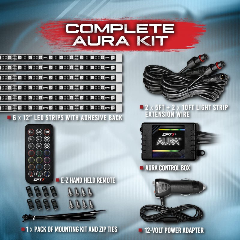 OPT7 Aura Interior Car Lights 6pc with Remote Control, Color Change, Music Sync Inside Ambient Lighting Kit, Car Truck LED Lights Under Dash Accessories, Charger Adapter 12V, 6pc Single Row LED Strip - Image 5